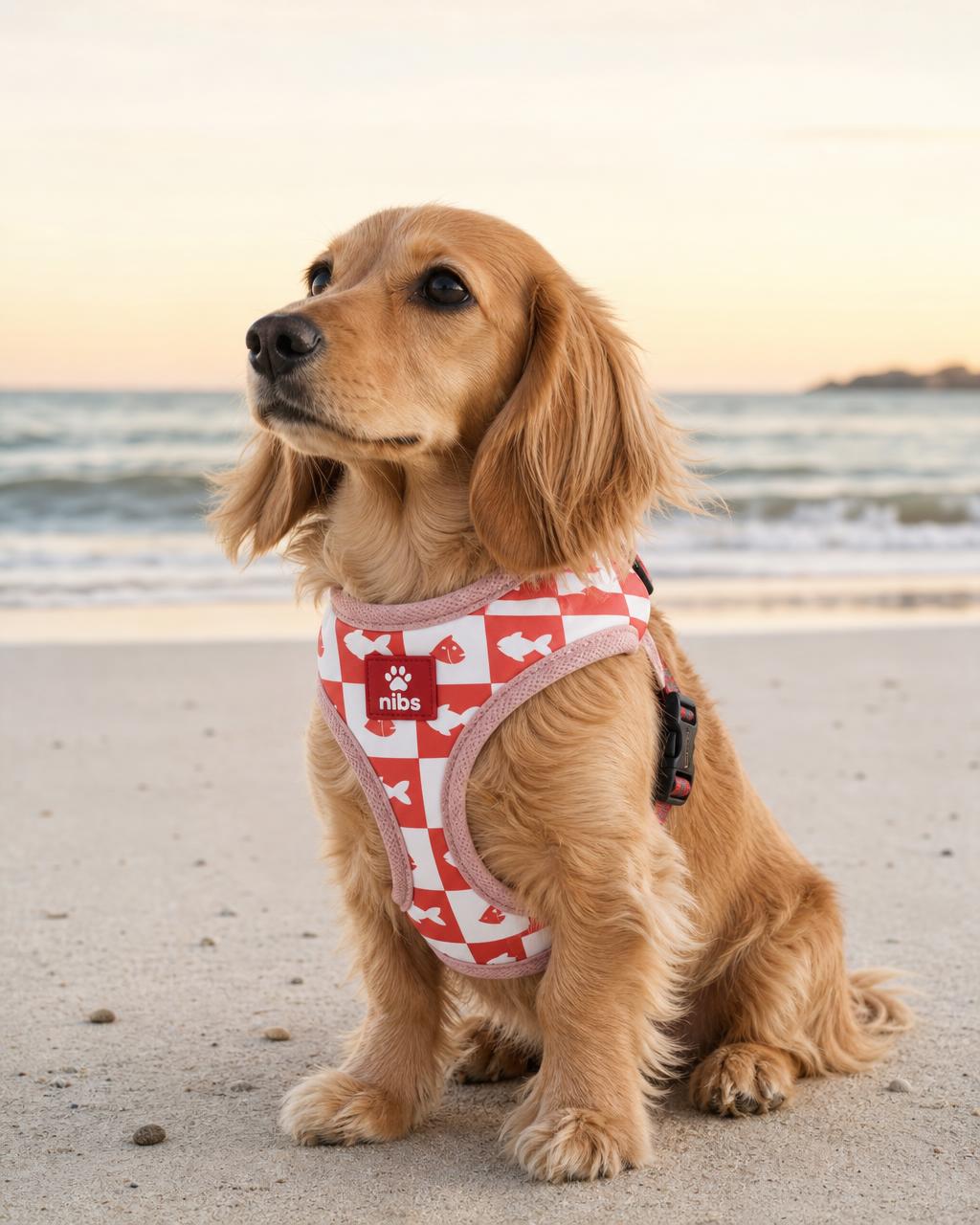 Tide Collection — patterned dog harness at the beach